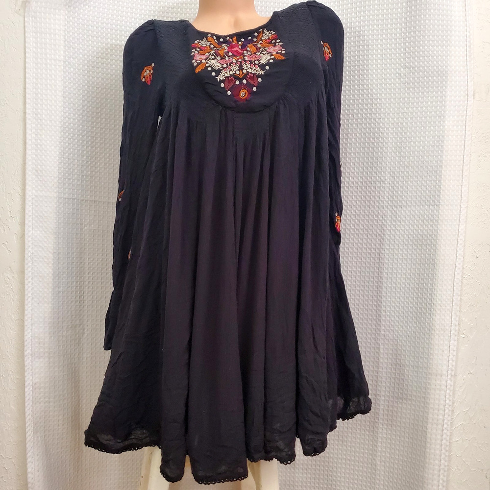 Free People Mohave Mini Babydoll Dress Black Embroidered Crochet Boho Small